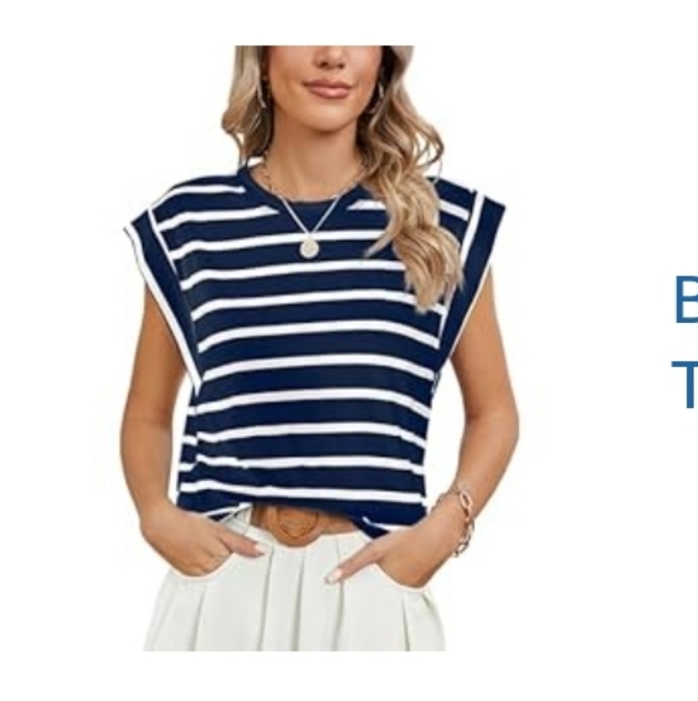 Navy and White Striped Cap Sleeve Top Size MEDIUM